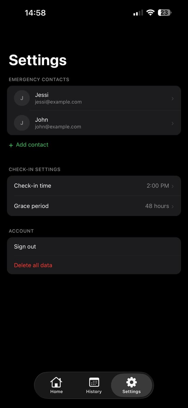 SoloGuard - Ajustes: contactos de emergencia, hora de check-in y período de gracia